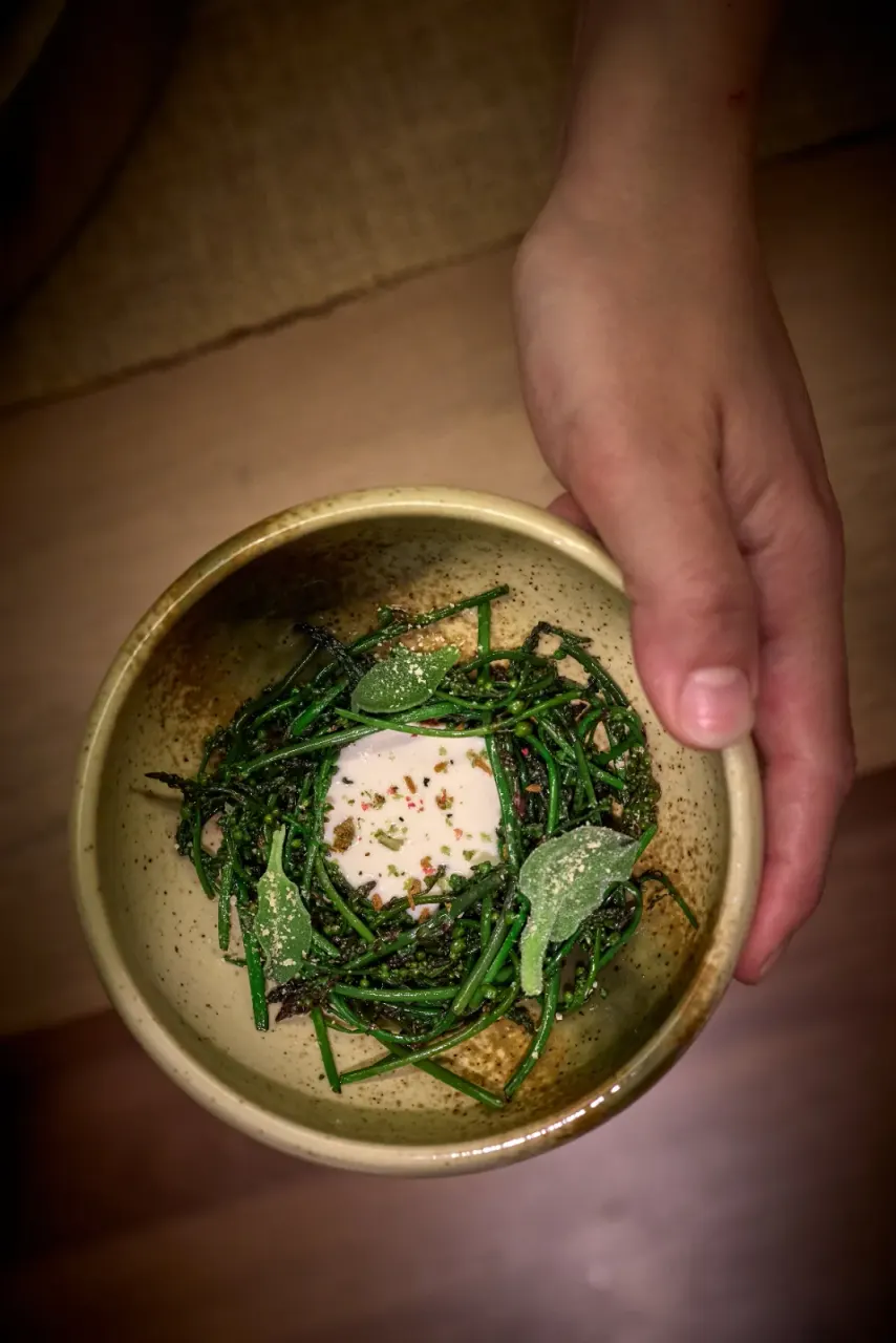 Salicornia con crema fresca en cuenco de cerámica, un pase del menú Vegetalia